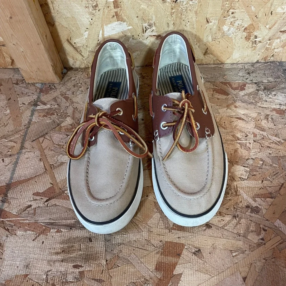 Polo Ralph Lauren Boat Shoes Mens Size 8 Tan Brown Canvas Leather Laced Sneakers